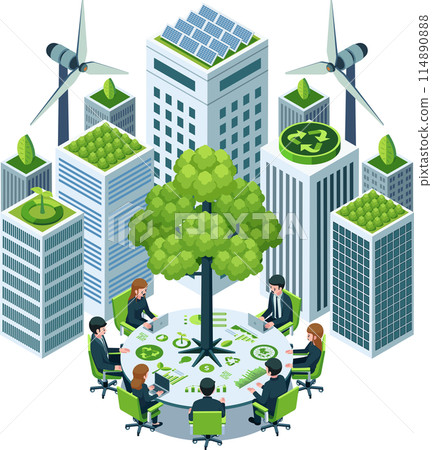 Isometric Sustainable Business Meeting Surrounded by Eco-Friendly Urban Buildings 114890888