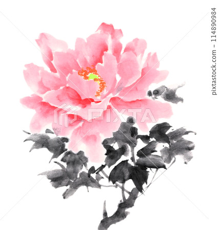 Peony drawn using ink painting technique Peony drawn using ink painting technique 114890984