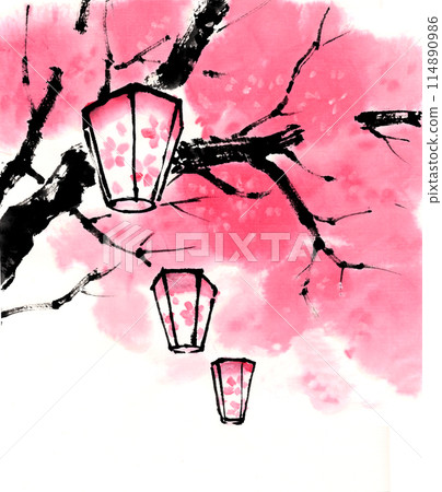 採用水墨技法繪製的櫻花和燈籠 114890986