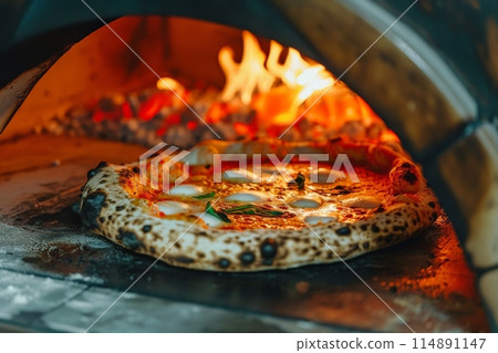Pizza displayed on table near pizza oven, ready to eat 114891147