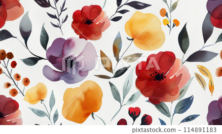 Colorful Watercolor Flowers Blooming in a Field on White Canvas 114891183