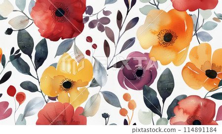 Vibrant Field of Colorful Watercolor Flowers Scattered on Canvas Vibrant Field of Colorful Watercolor Flowers Scattered on Canvas 114891184
