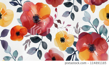 Explore a Field of Colorful Watercolor Flowers on White Canvas 114891185