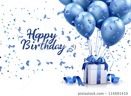 Happy Birthday card design with blue balloons, gift box and ribbon on white background. Design for greeting cards, banner, poster or print 114891410