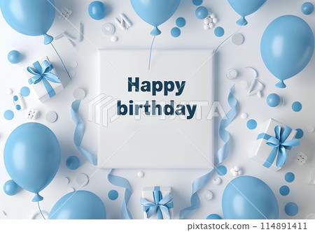 Happy Birthday card design with blue balloons, gift box and ribbon on white background. Design for greeting cards, banner, poster or print 114891411