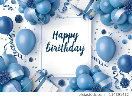 Happy Birthday card design with blue balloons, gift box and ribbon on white background. Design for greeting cards, banner, poster or print 114891412