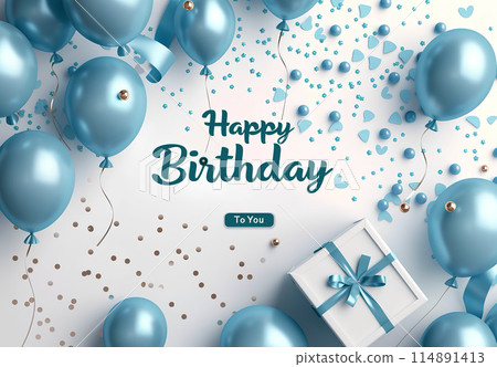 Happy Birthday card design with blue balloons, gift box and ribbon on white background. Design for greeting cards, banner, poster or print 114891413