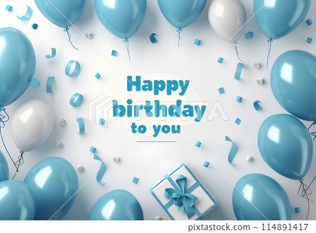 Happy Birthday card design with blue balloons, gift box and ribbon on white background. Design for greeting cards, banner, poster or print 114891417