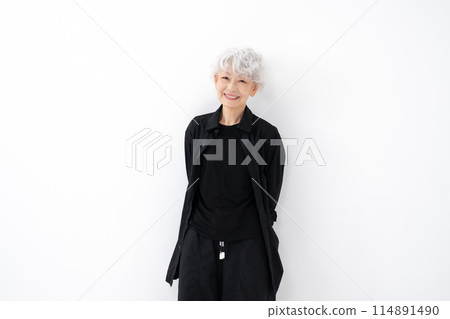 有灰色頭髮的時髦的資深婦女 114891490