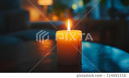 Candle burning on table in dark room. The evening lighting illuminates the candle flame. A heartwarming, peaceful and romantic concept background with copy space area. Bright orange light from the lit Candle burning on table in dark room. The evening lighting illuminates the candle flame. A heartwarming, peaceful and romantic concept background with copy space area. Bright orange light from the lit 114891558