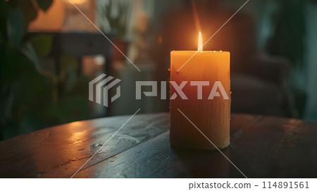 Candle burning on table in dark room. The evening lighting illuminates the candle flame. A heartwarming, peaceful and romantic concept background with copy space area. Bright orange light from the lit Candle burning on table in dark room. The evening lighting illuminates the candle flame. A heartwarming, peaceful and romantic concept background with copy space area. Bright orange light from the lit 114891561