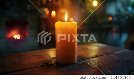 Candle burning on table in dark room. The evening lighting illuminates the candle flame. A heartwarming, peaceful and romantic concept background with copy space area. Bright orange light from the lit 114891563