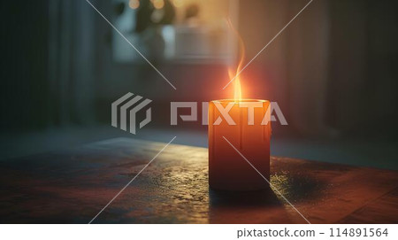 Candle burning on table in dark room. The evening lighting illuminates the candle flame. A heartwarming, peaceful and romantic concept background with copy space area. Bright orange light from the lit 114891564