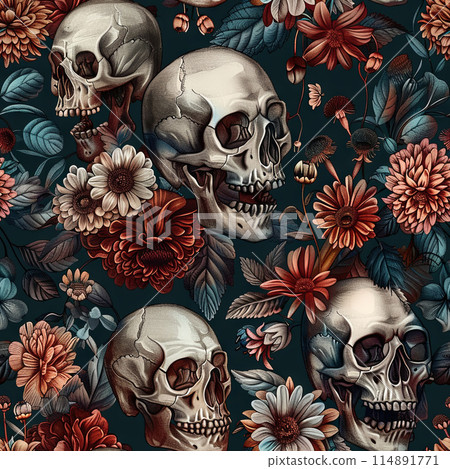 Red Rose Atop Human Skull on Dark Wallpaper, Evoking Mystical Atmosphere 114891771