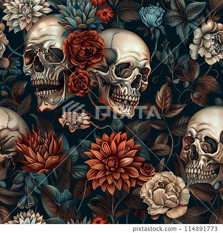Dark Wallpaper with Red Rose Atop Human Skull, Conjuring Eerie Atmosphere 114891773