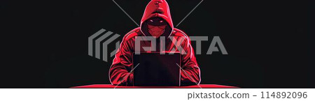 A hacker in a red hoodie sitting at a table with laptops in the style of cyberpunk style with a dark color palette. There is a lock on top of the laptop screen, symbolizing security danger. 114892096