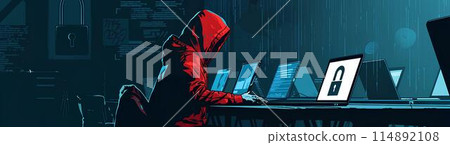 A hacker in a red hoodie sitting at a table with laptops in the style of cyberpunk style with a dark color palette. There is a lock on top of the laptop screen, symbolizing security danger. A hacker in a red hoodie sitting at a table with laptops in the style of cyberpunk style with a dark color palette. There is a lock on top of the laptop screen, symbolizing security danger. 114892108