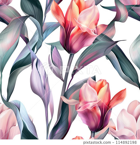 A Botanical Portrait of a Delicate Pink Flower Bud and Lush Green Leaves Against a White Backdrop A Botanical Portrait of a Delicate Pink Flower Bud and Lush Green Leaves Against a White Backdrop 114892198