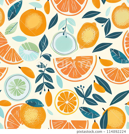 Colorful Oranges and Fresh Green Leaves Set Against a Bright White Background 114892224