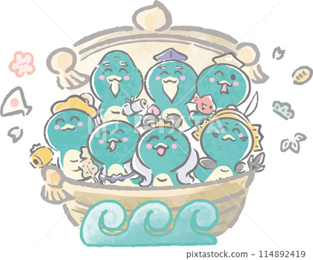 新年賀卡賀年片2025七福神寶船蛇年蛇手繪水彩可愛新年插畫素材 114892419