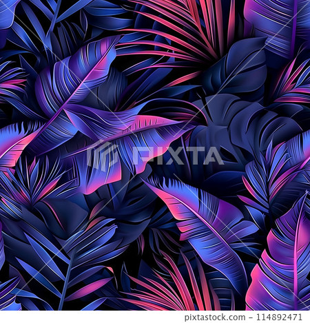 Blue and Purple Palm Leaves Set Against a Black Background 114892471