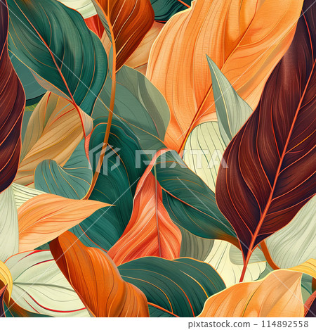 Lush Green Leaves with Vibrant Orange and Yellow Accents 114892558