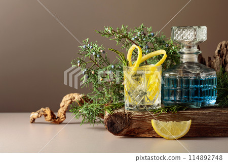 Cocktail gin-tonic with ice, lemon, and rosemary in a frozen glass. 114892748