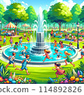 微笑的孩子們在公園的噴泉玩耍 114892826
