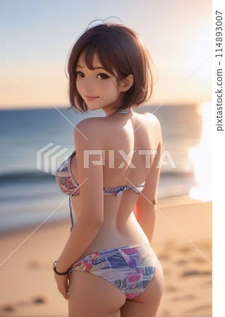 A woman in a swimsuit enjoying her summer vacation as the sun sets [AI-generated image] 114893007