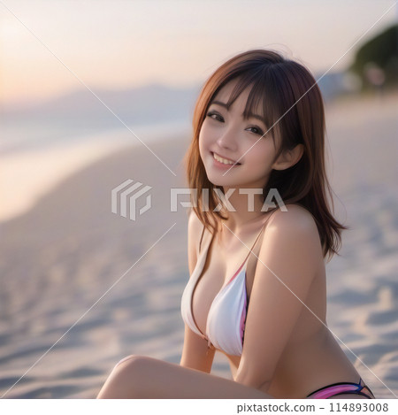 A woman in a swimsuit enjoying her summer vacation as the sun sets [AI-generated image] 114893008