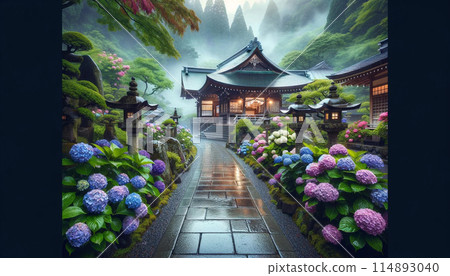 雨季時安靜的日本神社 114893040