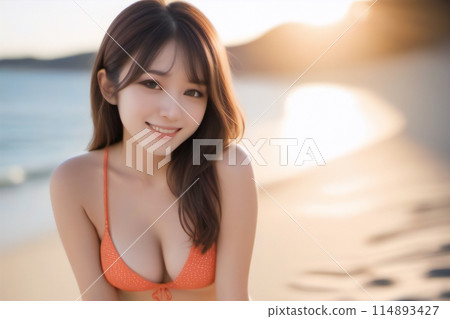 夕陽西下時，一位穿著泳衣享受暑假的女人 [AI 生成的圖像] 114893427