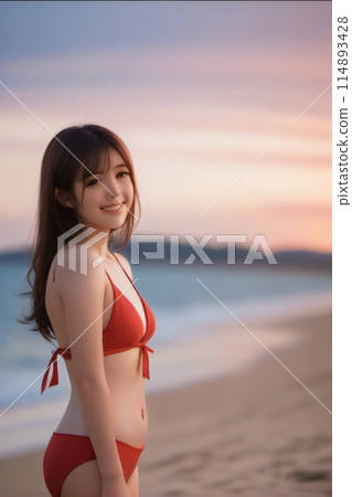 夕陽西下時，一位穿著泳衣享受暑假的女人 [AI 生成的圖像] 114893428