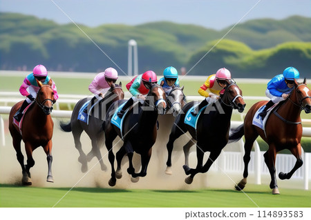 Horses running at the racetrack [AI-generated image] 114893583