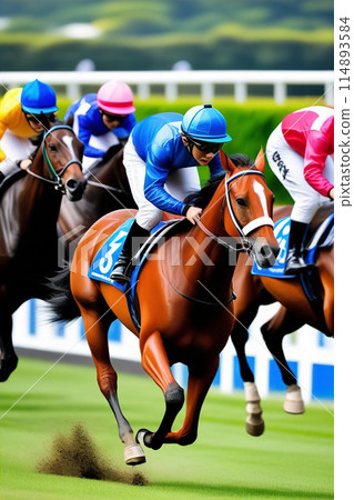 Horses running at the racetrack [AI-generated image] 114893584