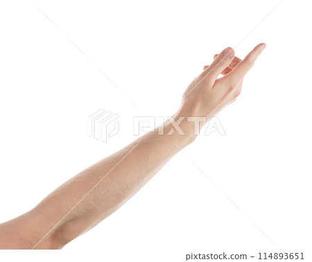 Adult man left hand pointing with index finger isolated 114893651