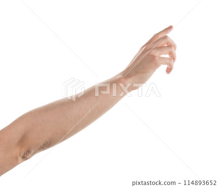 Adult man left hand pointing with index finger isolated 114893652