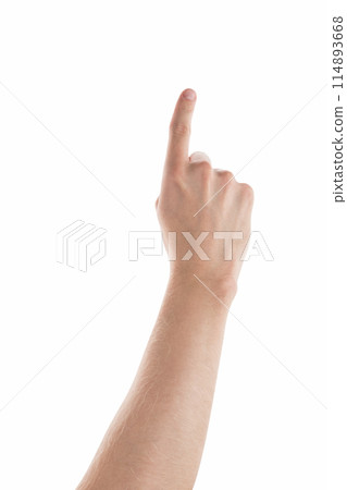Adult man left hand pointing with index finger isolated 114893668