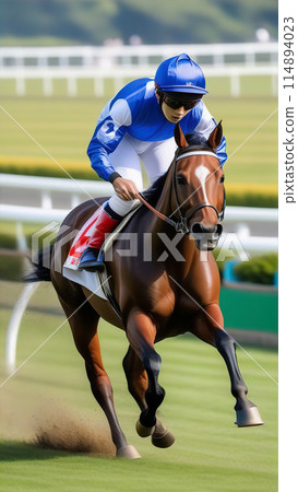 Horses running at the racetrack [AI-generated image] 114894023