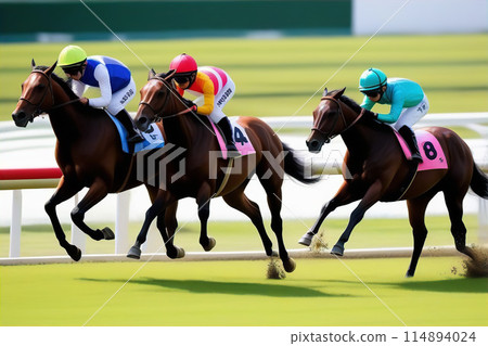 Horses running at the racetrack [AI-generated image] 114894024