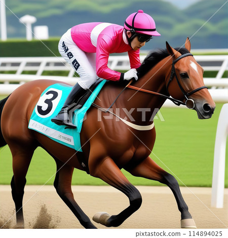 Horses running at the racetrack [AI-generated image] 114894025