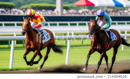 Horses running at the racetrack [AI-generated image] 114894026