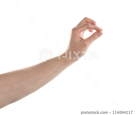 Young adult left man hand hold something isolated on white 114894217