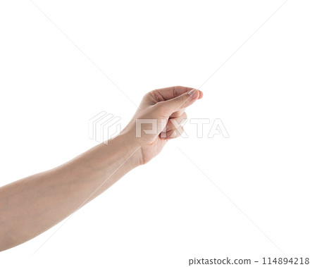 Young adult left man hand hold something isolated on white 114894218