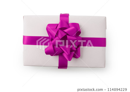 Top view of white gift box with purple ribbon isolated on white background 114894229