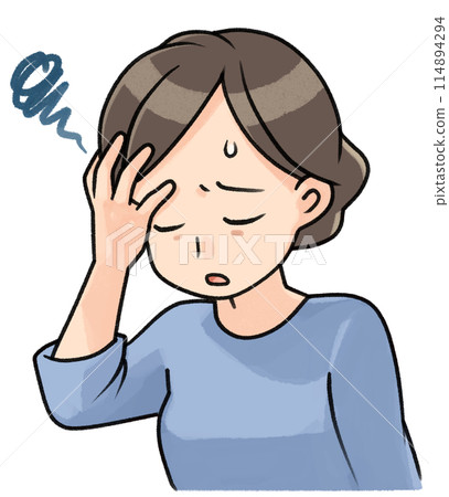 A woman grimacing with her hand on her forehead 114894294