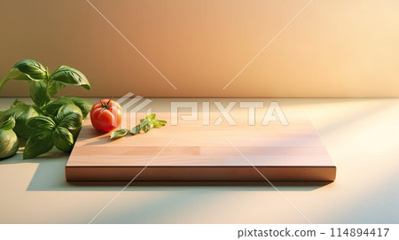 Cutting board and tomatoes. Rustic wooden tray. Kitchen appliance. Copy space for business 114894417