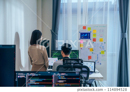Asian software developer discussion about coding project on computer screen at moden office Asian software developer discussion about coding project on computer screen at moden office 114894528