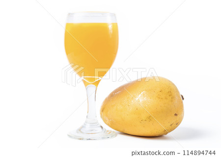 Fresh tasty mango juice in a glass isolated on white background. Fresh fruit. 114894744
