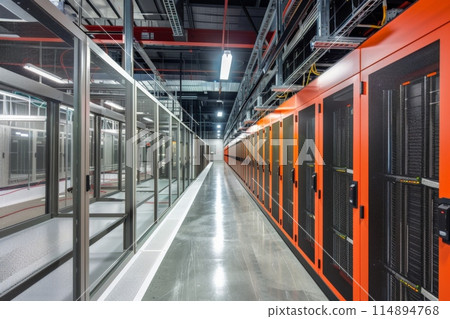 Rows of servers fill a long building hallway in a data center 114894768